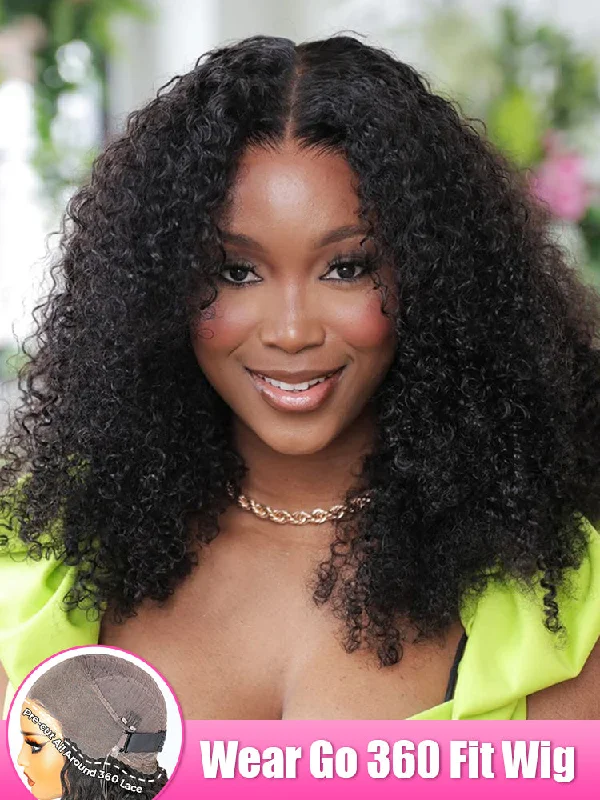 Wear & Go Glueless Wigs for Seamless Fit with Comfort-Natural-Looking No Lace Wigs--CurlyMe 360 Lace Wear Go Pre-Bleached Afro Kinky Curly Human Hair Glueless Wig Pre-Plucked