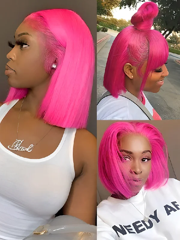 CurlyMe Pink Color Straight Hair 13x4 Lace Front Bob Wigstop-rated no lace wigs, best wigs, high-quality no lace wigs, top-rated glueless wigs