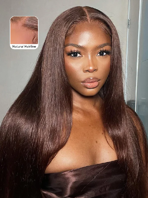 Wear & Go Glueless Wigs with Pre-Cut Lace-Natural-Looking No Lace Wigs--CurlyMe #4 Chocolate Brown Pre Cut Glueless Lace Straight Wear Go Wig Wear & Go Glueless Wigs with Pre-Cut Lace-Natural-Looking No Lace Wigs--CurlyMe #4 Chocolate Brown Pre Cut Glueless Lace Straight Wear Go Wig