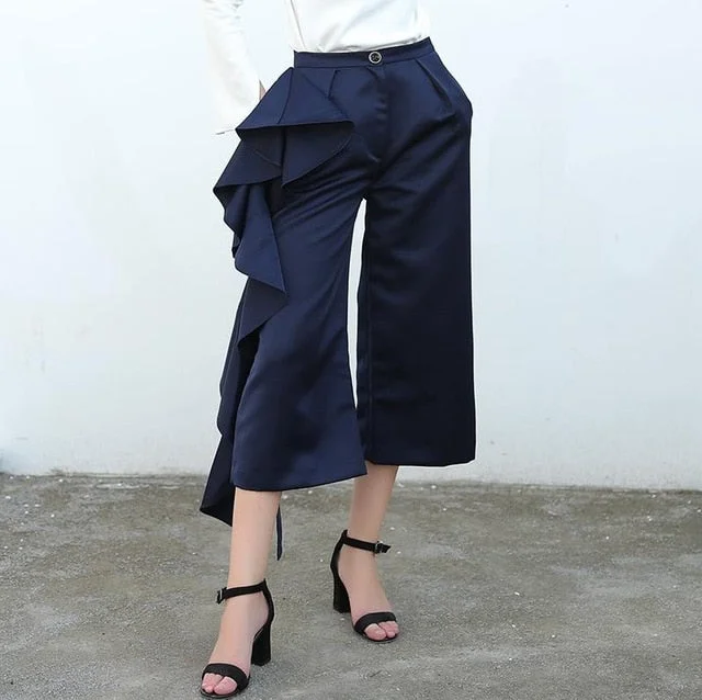 Women's High Waist Wide Leg Ruffle Trousers