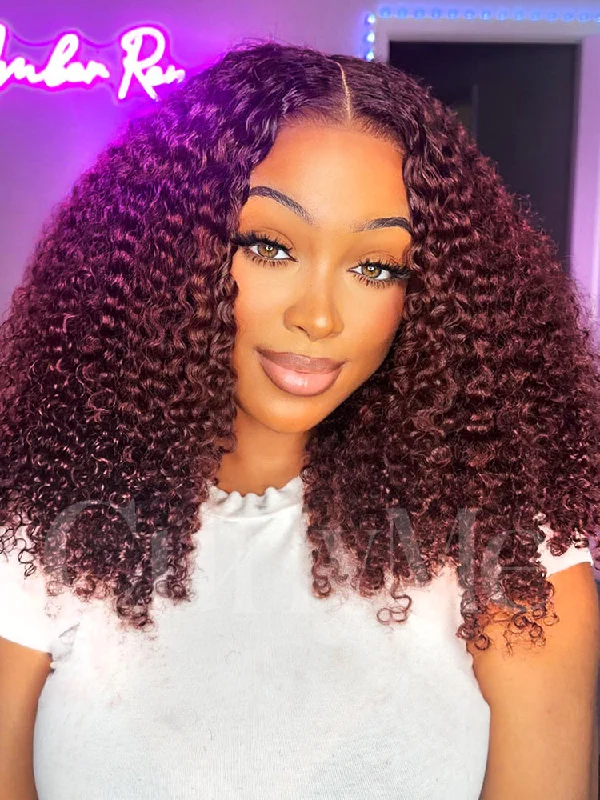 Wear & Go Glueless Wigs with Easy Care-Natural-Looking No Lace Wigs--CurlyMe Pre-Plucked Wear Go Glueless Reddish Brown Kinky Curly Hair Pre-cut Lace