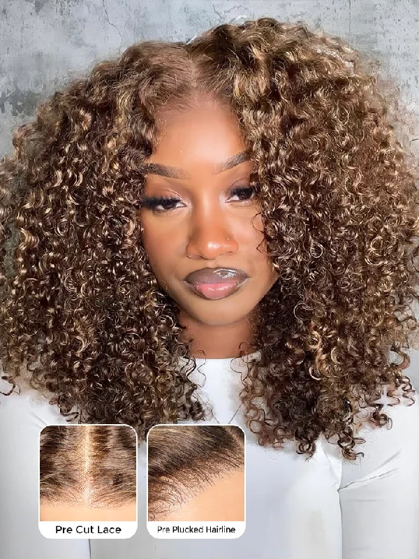 Trendy Human Hair Bob Wigs-CurlyMe Highlights Ombre Kinky Curly Glueless Bob Wig Wear Go 6x4 Pre Cut HD Lace Wig