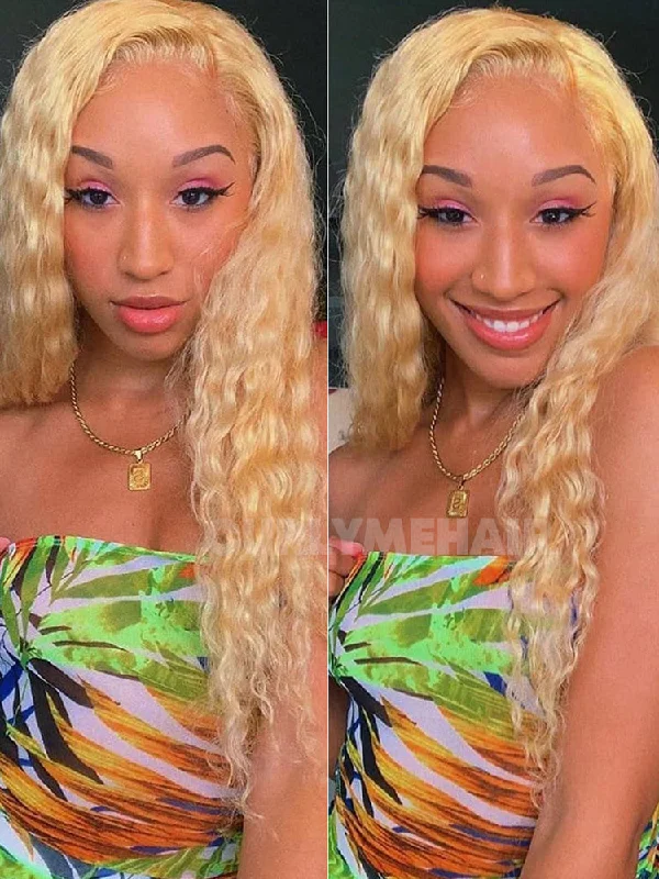 CurlyMe 613 Blonde Water Wave Hair 13x4 Lace Front Wigs Natural Hairline Honey Blonde Hairtop-rated no lace wigs, best wigs, high-quality no lace wigs, top-rated glueless wigs