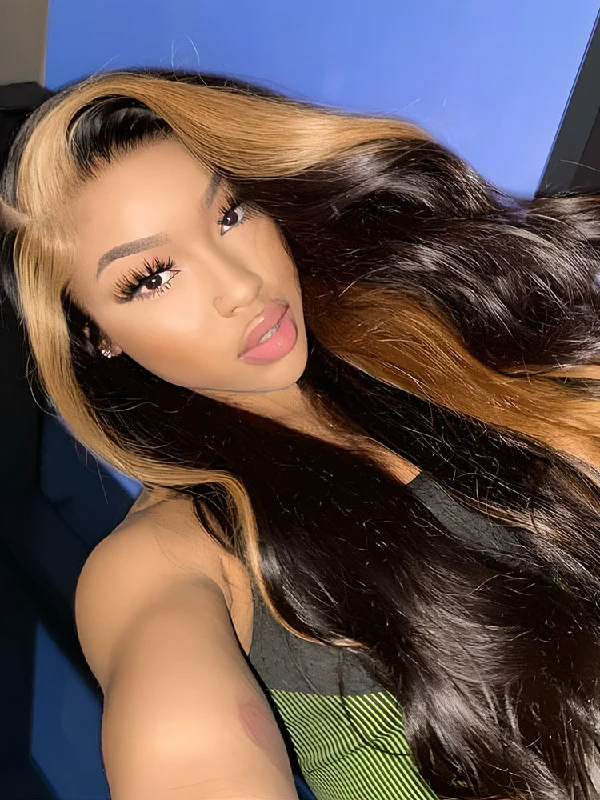 CurlyMe Skunk Stripe Hair Straight Honey Blonde Highlights 13x4 Lace Front Wigs Human Hairtop-rated no lace wigs, best wigs, high-quality no lace wigs, top-rated glueless wigs