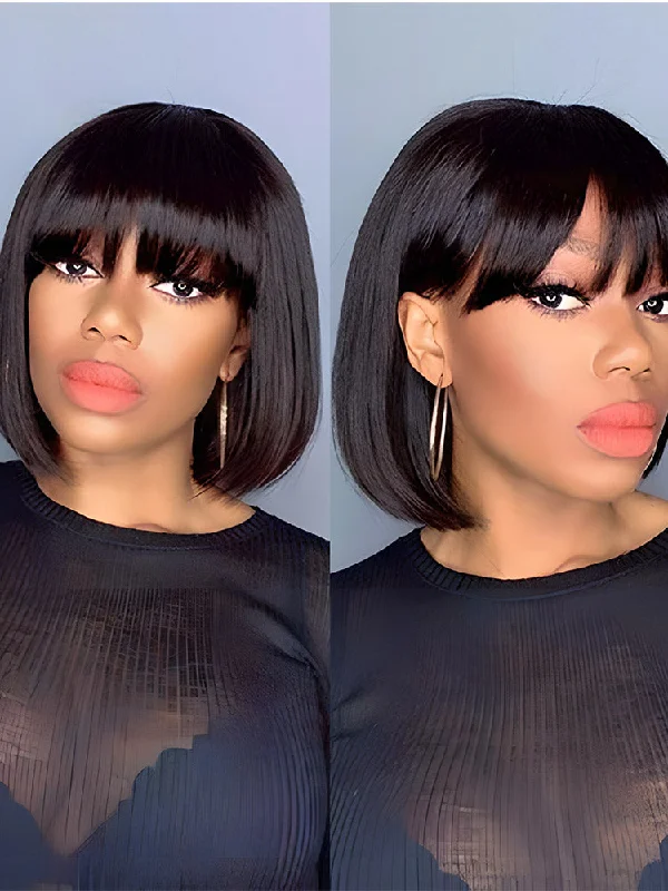 Black Human Hair Bob Wigs-CurlyMe Silk Straight Hair Non Lace Glueless Bob Wig With Bangs Black Human Hair Bob Wigs-CurlyMe Silk Straight Hair Non Lace Glueless Bob Wig With Bangs