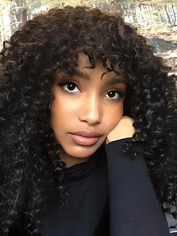 Glueless Human Hair Wigs for Women with Active Lifestyles-CurlyMe Kinky Curly No Lace Wigs Full Machine Made Wigs With Bangs Affordable Hair