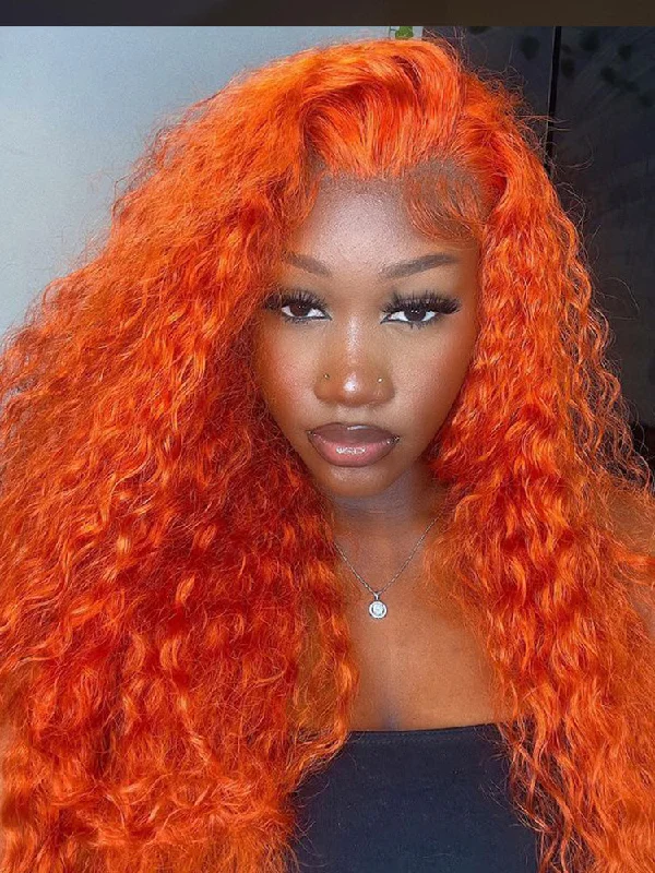 CurlyMe Bright Orange Water Wave Hair 13x4 Lace Front Wigs Pre Pluckedtop-rated no lace wigs, best wigs, high-quality no lace wigs, top-rated glueless wigs