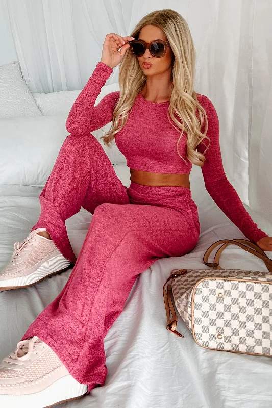 Asa Heathered Knit Crop Top & Pants Set (Hot Pink)