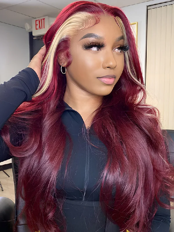 CurlyMe Burgundy Color Straight Hair With Blonde Skunk Stripe 13x4 Lace Front Wig Highlights Ombre Hairtop-rated no lace wigs, best wigs, high-quality no lace wigs, top-rated glueless wigs