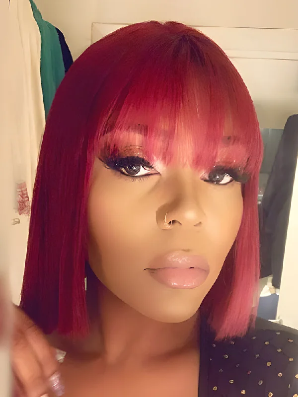 Human Hair Bob Wig for Women-CurlyMe Straight Hair Bob Wigs With Bangs 99J Burgundy Color Wigs With Bangs No Lace No Glue Human Hair Bob Wig for Women-CurlyMe Straight Hair Bob Wigs With Bangs 99J Burgundy Color Wigs With Bangs No Lace No Glue