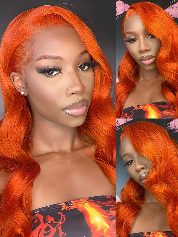 CurlyMe Bright Orange Body Wave Hair 13x4 Lace Front Wigs Colored Hairtop-rated no lace wigs, best wigs, high-quality no lace wigs, top-rated glueless wigs