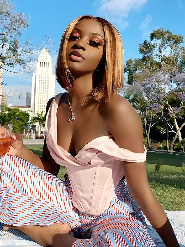 No Lace Wigs for All-Day Wear---CurlyMe 4x4 Transparent Lace Highlights Ombre Straight Hair Bob Wigs Pre-plucked No Lace Wigs for All-Day Wear---CurlyMe 4x4 Transparent Lace Highlights Ombre Straight Hair Bob Wigs Pre-plucked