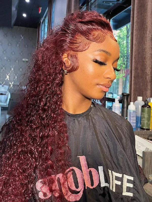 CurlyMe 99J Burgundy Color Water Wave Hair 13x4 Lace Front Wigs With Baby Hairtop-rated no lace wigs, best wigs, high-quality no lace wigs, top-rated glueless wigs