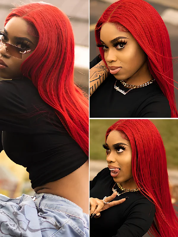 CurlyMe Bright Red Colored Straight Hair Lace Front Wigs Pre Plucked Hairlinetop-rated no lace wigs, best wigs, high-quality no lace wigs, top-rated glueless wigs