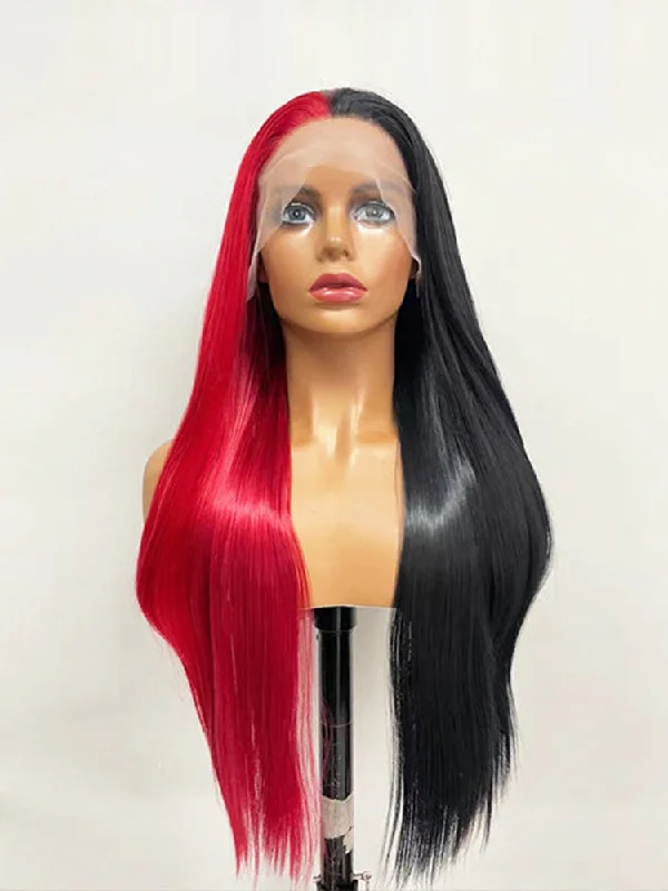 CurlyMe Highlight Split Dyed Hair Half Red Half Black Color Straight Lace Front Wigstop-rated no lace wigs, best wigs, high-quality no lace wigs, top-rated glueless wigs