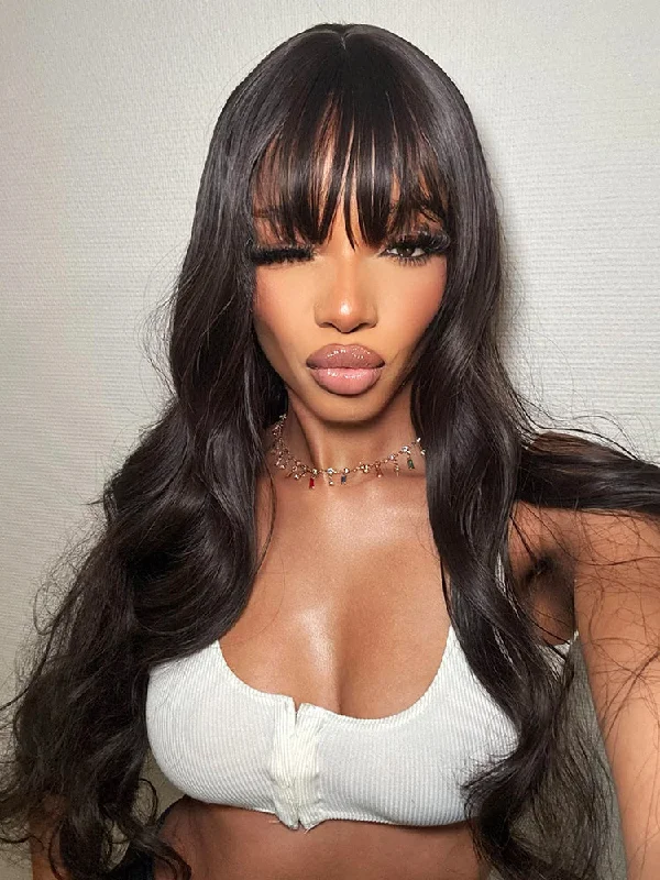 Glueless Human Hair Wigs with Strong Lace Fronts-CurlyMe Body Wave Non Lace Wigs Full Machine Made Wigs With Bangs Virgin Hair