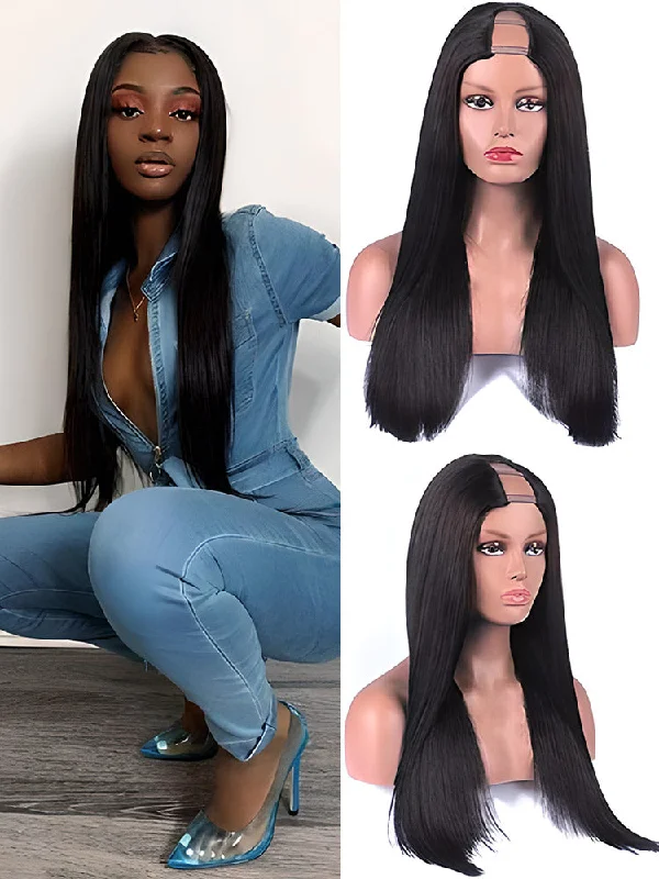 Versatile No Lace Wigs for Effortless Beauty---CurlyMe Straight Hair 180% Density U part Wig Affordable Machine Made Human Hair Wigs Versatile No Lace Wigs for Effortless Beauty---CurlyMe Straight Hair 180% Density U part Wig Affordable Machine Made Human Hair Wigs