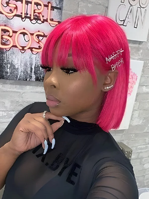 Glueless Human Hair Wigs for Sensitive Skin-CurlyMe Short Cut Straight Pink Hair No Lace Bob Wigs With Bangs