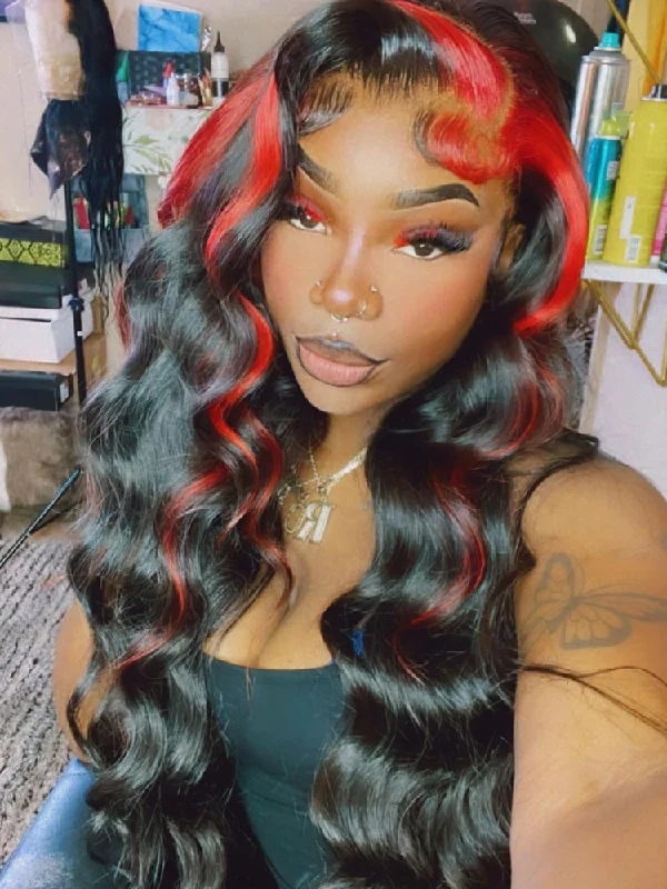 CurlyMe Highlights Straight Hair Black With Red Bangs 13x4 Lace Front Wigstop-rated no lace wigs, best wigs, high-quality no lace wigs, top-rated glueless wigs