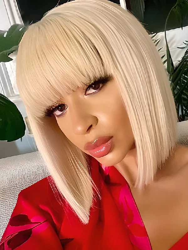 Blonde Human Hair Bob Wigs-CurlyMe 613 Blonde Bob Wig With Bangs Straight No Lace Human Hair Wigs Blonde Human Hair Bob Wigs-CurlyMe 613 Blonde Bob Wig With Bangs Straight No Lace Human Hair Wigs