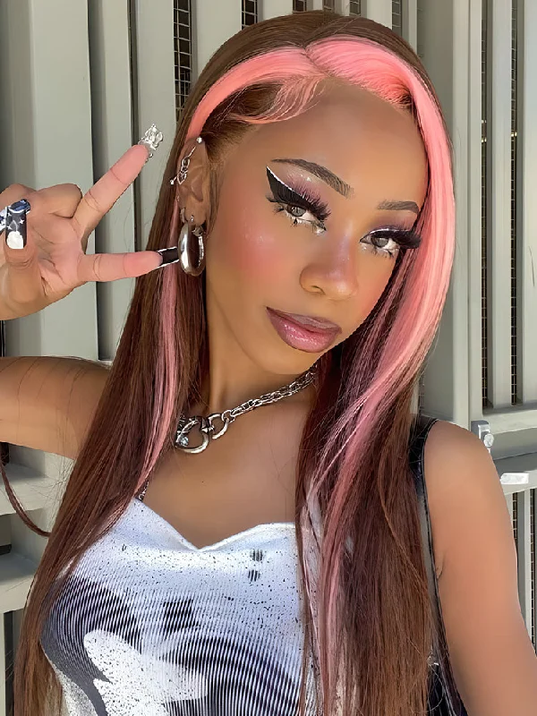CurlyMe Straight Brown Hair With Pink Skunk Stripe 13x4 Lace Front Wig Highlights Ombre Hairtop-rated no lace wigs, best wigs, high-quality no lace wigs, top-rated glueless wigs