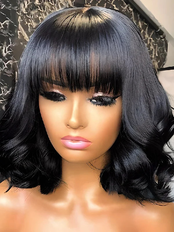 Human Hair Bob Wig with Bangs-CurlyMe Body Wave Hair Non Lace Bob Wigs Full Machine Made Wigs With Bangs Human Hair Bob Wig with Bangs-CurlyMe Body Wave Hair Non Lace Bob Wigs Full Machine Made Wigs With Bangs