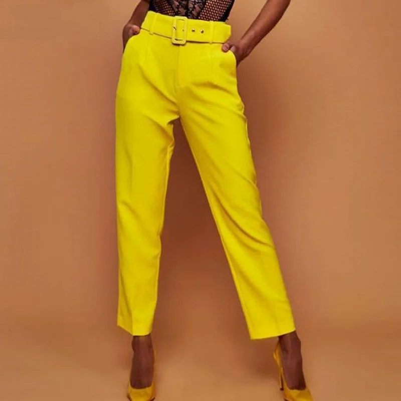 Ladies High Waist Belted Straight Leg Slacks Trousers