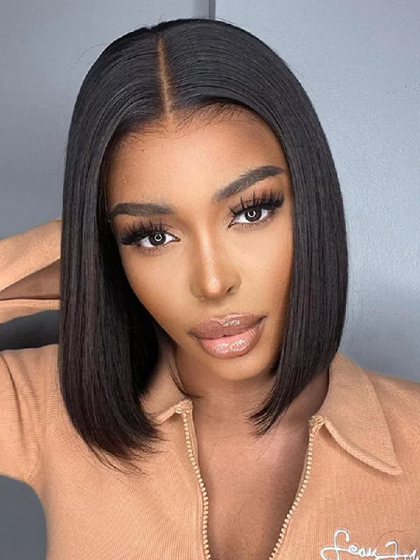 Human Hair Bob Wig with Highlights-CurlyMe Pre Bleached Straight Glueless Bob Wig Pre Cut 6x4 HD Lace Wear Go Wig