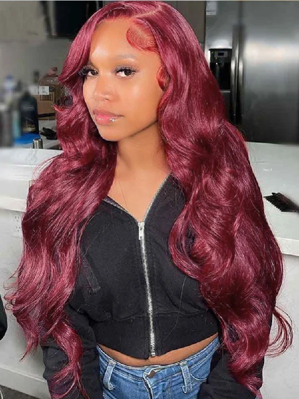 CurlyMe 99J Burgundy Color Body Wave Hair 13x4 Lace Front Wigs Pre Plucked Hairlinetop-rated no lace wigs, best wigs, high-quality no lace wigs, top-rated glueless wigs