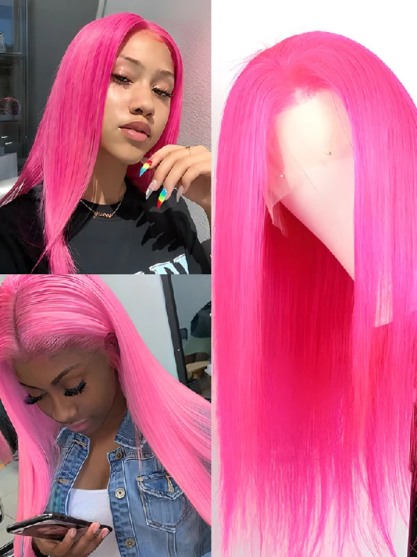 CurlyMe Hot Pink Colored Straight Human Hair 13x4 Lace Front Wigs Pre Plucked Hairlinetop-rated no lace wigs, best wigs, high-quality no lace wigs, top-rated glueless wigs