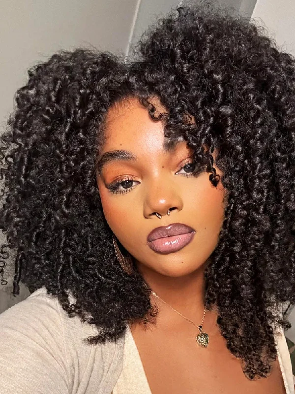 Wear & Go Glueless Wigs with Adjustable Elastic Bands-Natural-Looking No Lace Wigs--CurlyMe Pre-bleached Wear Go Glueless Afro Kinky Curly Pre-cut HD Lace Wig Pre-plucked