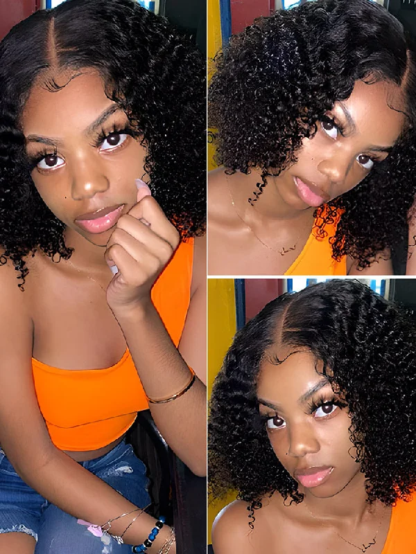 No Lace Wigs for All-Day Wear---CurlyMe Short Cut Kinky Curly 4x4 Transparent Lace Closure Bob Wigs No Lace Wigs for All-Day Wear---CurlyMe Short Cut Kinky Curly 4x4 Transparent Lace Closure Bob Wigs