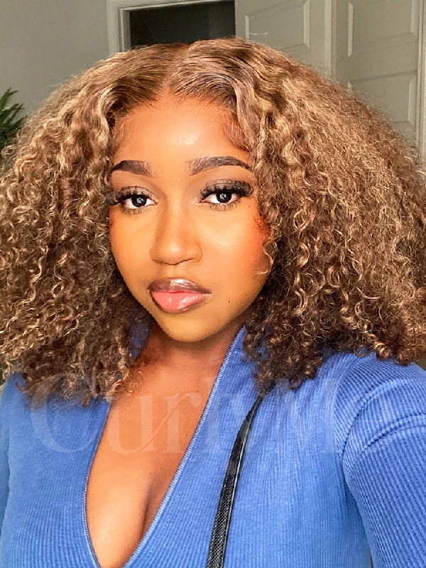 Wear & Go Glueless Wigs with Pre-Installed Bands-Natural-Looking No Lace Wigs--CurlyMe Wear Go Glueless Highlights Ombre Hair Pre-cut HD Lace Kinky Curly Wig