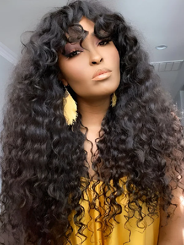 Glueless Human Hair Wigs with a Natural Look and Feel-CurlyMe Water Wave Hair Non Lace Wigs Full Machine Made Wigs With Bangs For Women