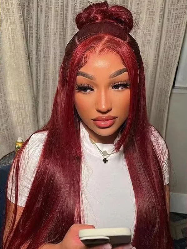 CurlyMe 99J Burgundy Color Straight Hair 13x4 Lace Front Wigs Easy Bleached Lace Wigstop-rated no lace wigs, best wigs, high-quality no lace wigs, top-rated glueless wigs