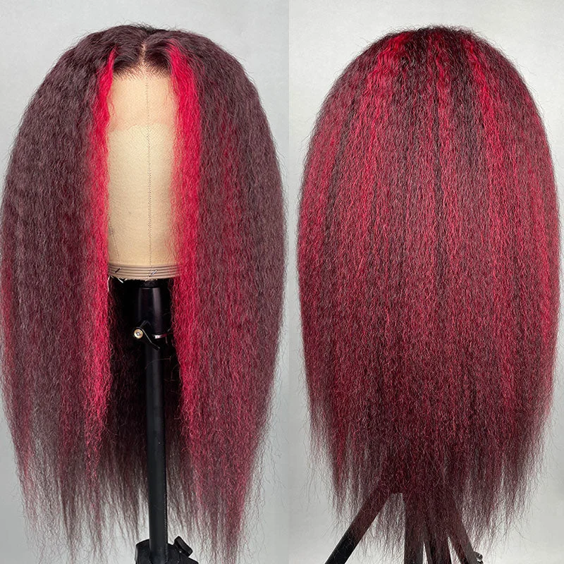 Klaiyi Dark Burgundy Highlights with crimson red Stripes Kinky Straight Lace Front Wigtop-rated no lace wigs, best wigs, high-quality no lace wigs, top-rated glueless wigs