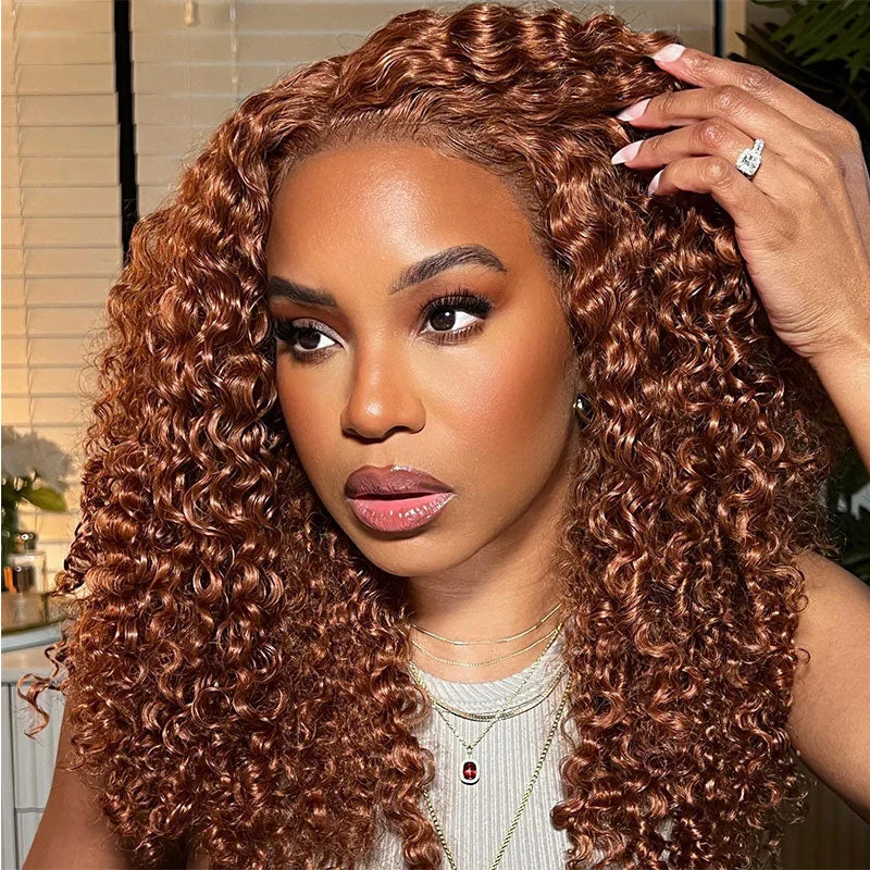 Klaiyi Medium Auburn Brown Colored Jerry Curly Pre-Everything™ 13x4 Lace Frontal Wigs Virgin Human Hair Ginger Color Wigstop-rated no lace wigs, best wigs, high-quality no lace wigs, top-rated glueless wigs