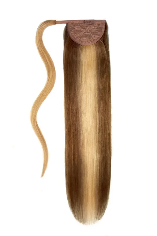 clip-in ponytail extensions, premium ponytail extensions, high-quality clip-in ponytails, 100% human hair ponytails---Chocolate Honey (#4/27) Straight Up Wrap Around Ponytail Extension clip-in ponytail extensions, premium ponytail extensions, high-quality clip-in ponytails, 100% human hair ponytails---Chocolate Honey (#4/27) Straight Up Wrap Around Ponytail Extension