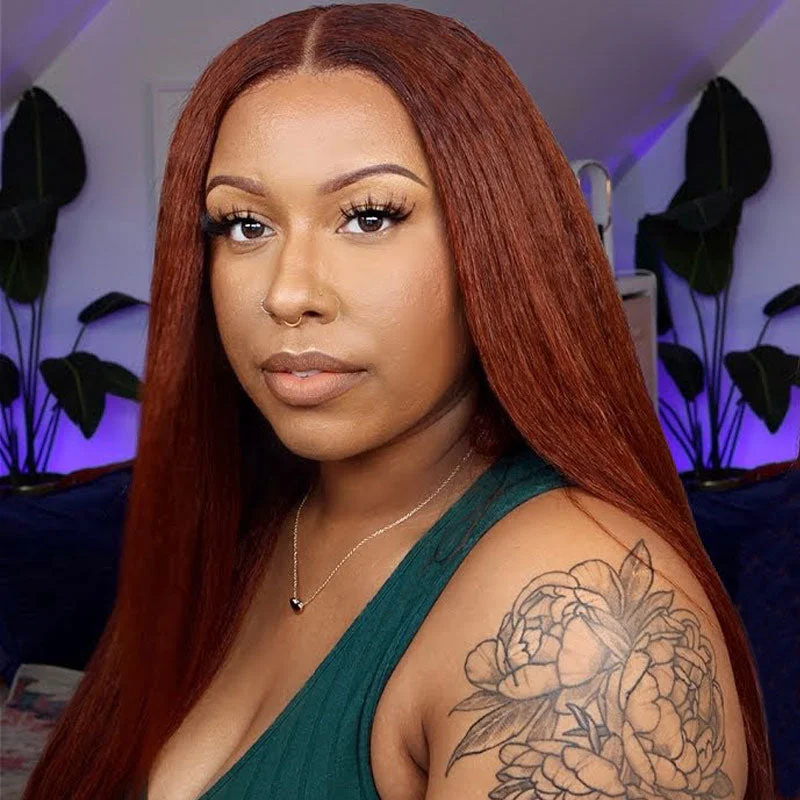 Klaiyi 60% OFF Kinky Straight Reddish Brown Lace Front Wig Auburn Copper Color Wig | Code:WT60top-rated no lace wigs, best wigs, high-quality no lace wigs, top-rated glueless wigs