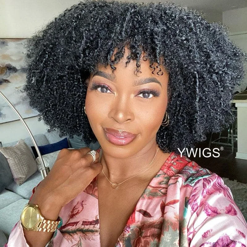 Premium No Lace Wigs Collection---Amber Bangs Brazilian Kinky Curly 5x5 Lace Closure Bob Wig