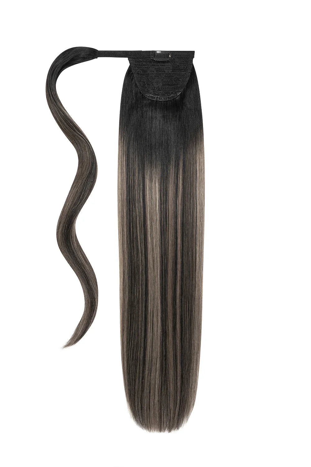 clip-in ponytail extensions, premium ponytail extensions, high-quality clip-in ponytails, 100% human hair ponytails---Silver Shadow Balayage Straight Up Wrap Around Ponytail Extension