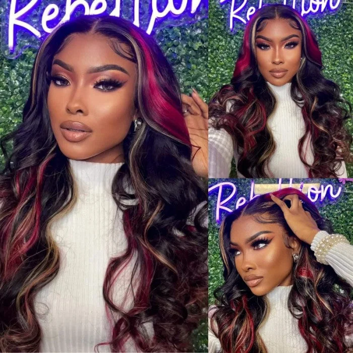 Klaiyi Multi Color Highlights 7x5 Bye Bye Knots/13x4 Lace Front Blonde And Red Body Wave Wigs Human Hairtop-rated no lace wigs, best wigs, high-quality no lace wigs, top-rated glueless wigs