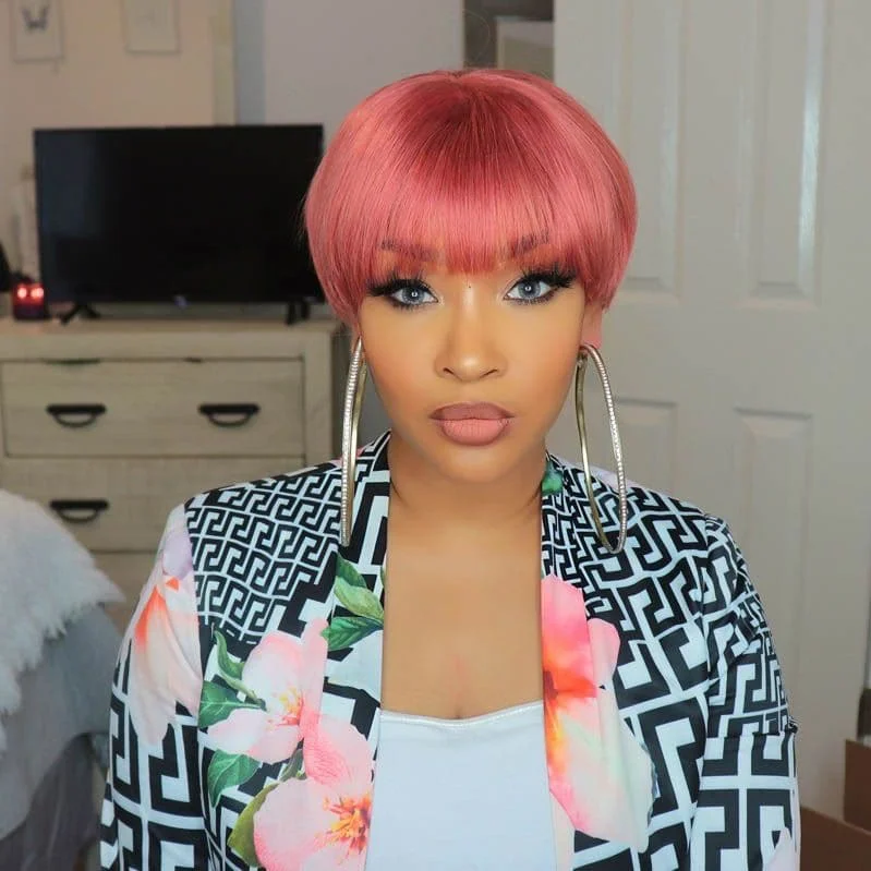 Premium No Lace Wigs Collection--Dark Pink Pixie Cut 13 x 6 Lace Front Wig BOB99