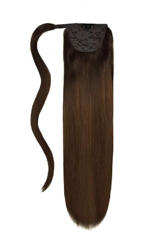 clip-in ponytail extensions, premium ponytail extensions, high-quality clip-in ponytails, 100% human hair ponytails---Espresso Melt Balayage Straight Up Wrap Around Ponytail Extension clip-in ponytail extensions, premium ponytail extensions, high-quality clip-in ponytails, 100% human hair ponytails---Espresso Melt Balayage Straight Up Wrap Around Ponytail Extension