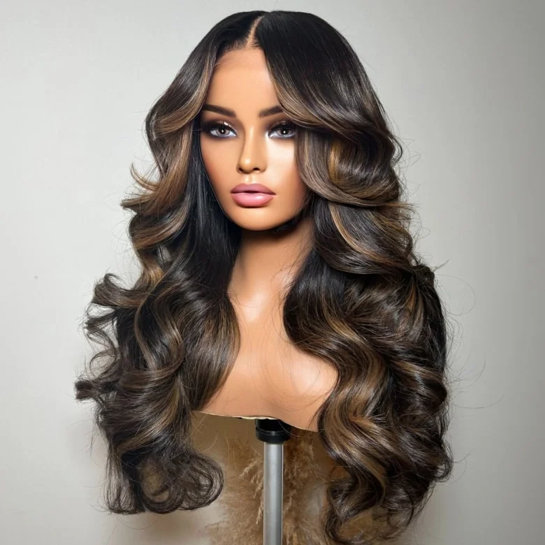 Klaiyi Mocha Brown Highlight Brown Body Wave Wig Chocolate Brown with Caramel Highlights 13x4 Pre everything Lace Front Wigtop-rated no lace wigs, best wigs, high-quality no lace wigs, top-rated glueless wigs