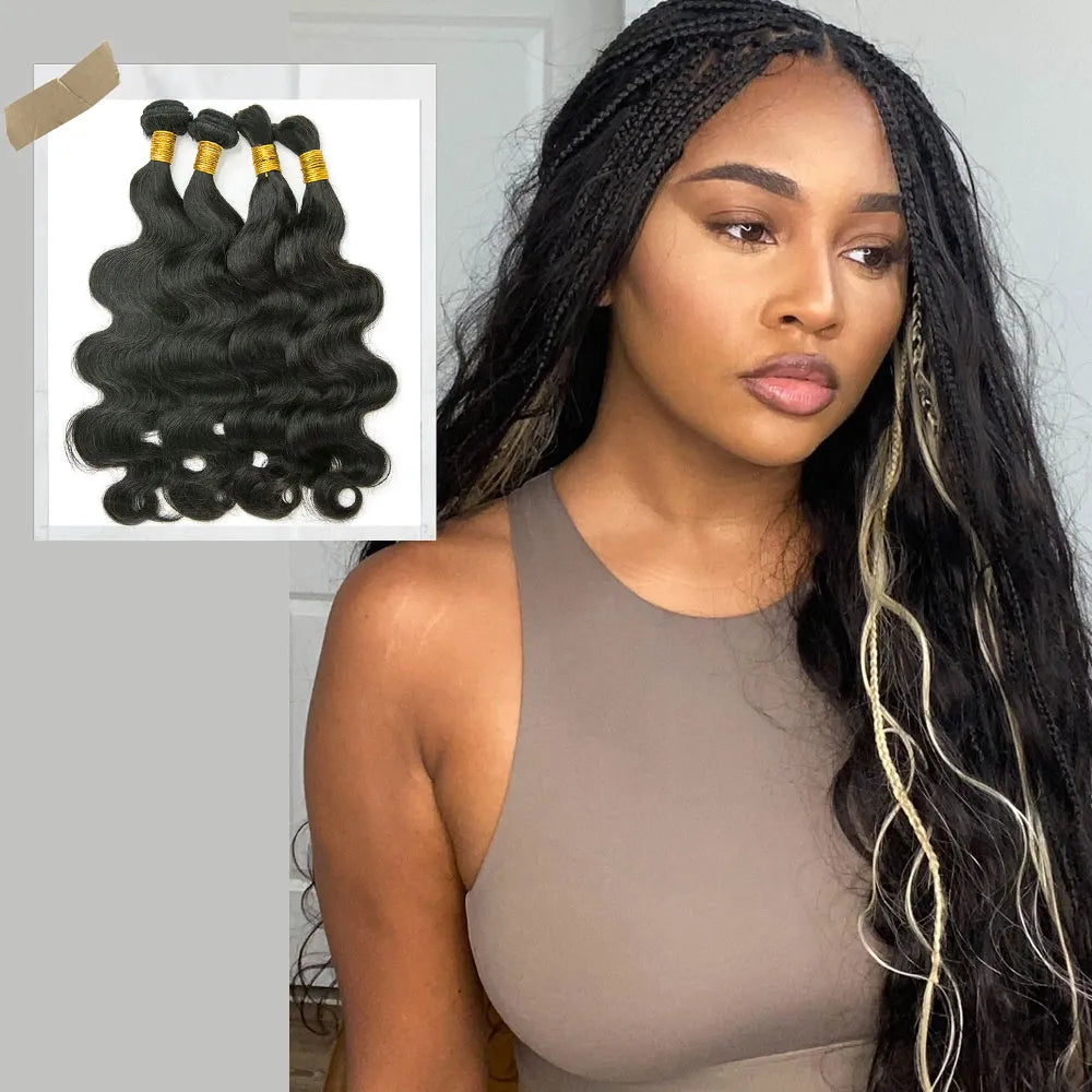 Human Hair Weft Bundles for Sew-In Installations---Half Braids Half Sew-In Combo Deal Body Wave Natural Color