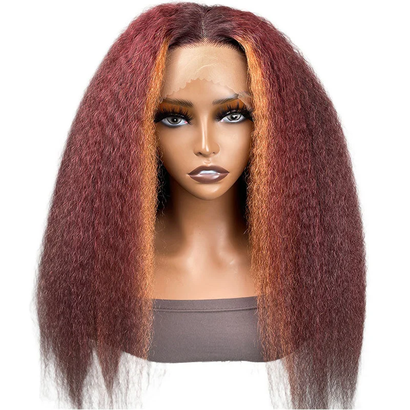 Klaiyi Burgundy Highlight Kinky Straight Wig with Orange Stripes Lace Front Wigtop-rated no lace wigs, best wigs, high-quality no lace wigs, top-rated glueless wigs