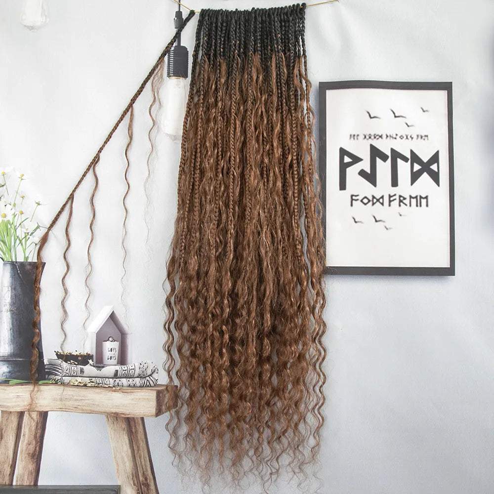 Crochet Braids for a Protective Style-T1B/30 Ombre Brown Crochet Boho Box Braids with Human Hair Curls Crochet Braids for a Protective Style-T1B/30 Ombre Brown Crochet Boho Box Braids with Human Hair Curls