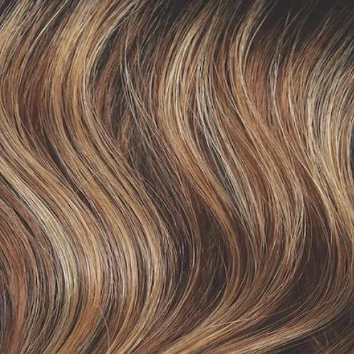 Chocolate Pretzel | Dark brown rooted and dark brown base with golden brown and blond highlights