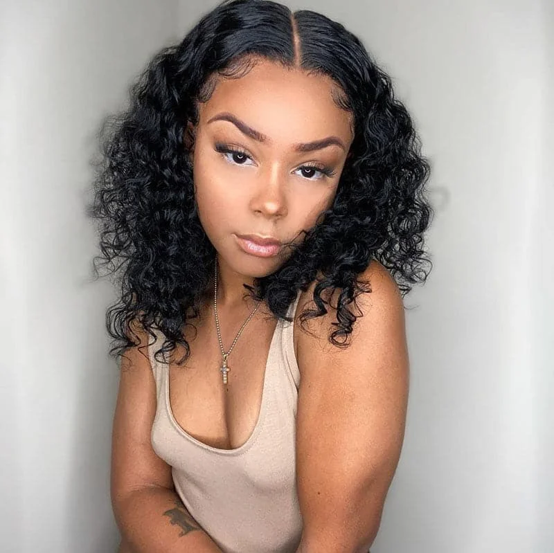 Premium No Lace Wigs Collection--Short Curly Bob Human Hair 13 x 6 Lace Front Wig BOB2D